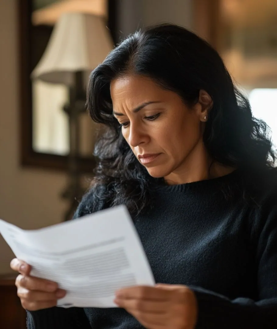 Mujer revisando documentos con preocupacion