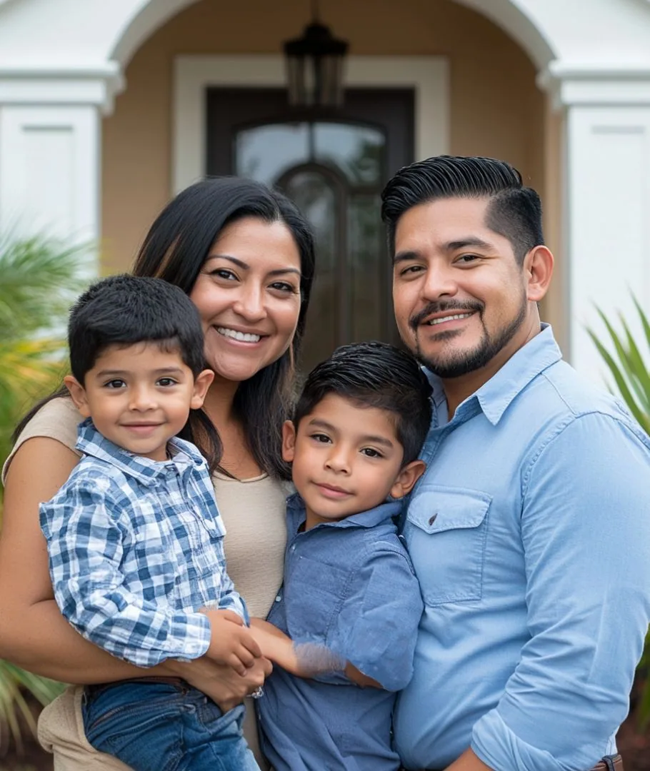 Familia hispana sonriendo frente a su hogar en Florida